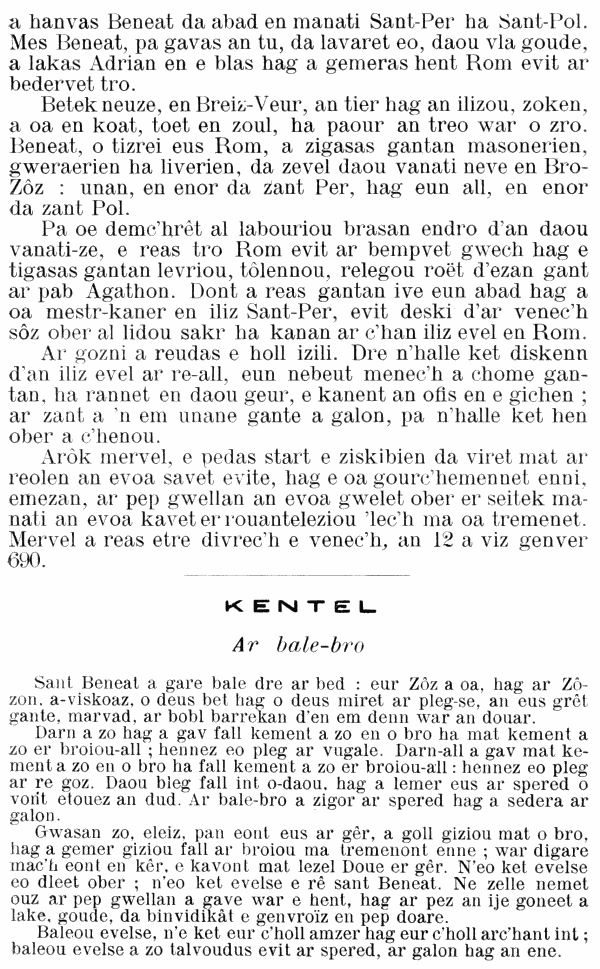 Texte en breton, vie de Saint Benat (Benoît), Abbé en Grande Bretagne, Nothumberland, 628-690.