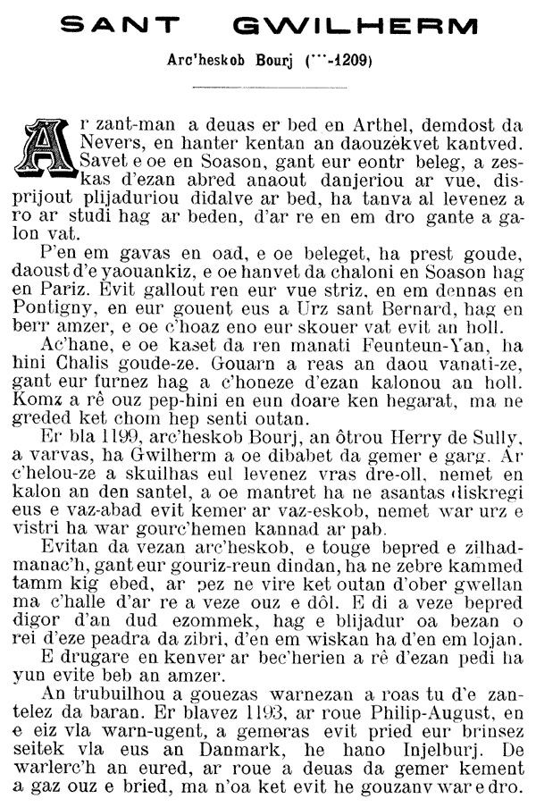 Vie en breton de Saint Guillerme archevêque de Bouges, mort en 1209.