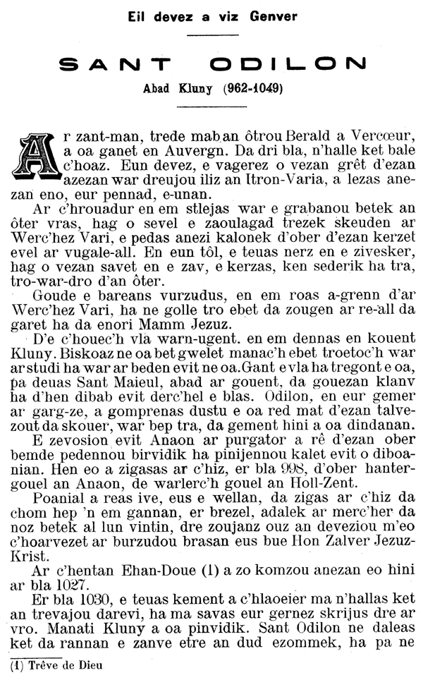 Texte en breton, vie de saint Odilon, abbe de cluny, 962-1049, en breton, Buhe ar zant par Perrot Ar Moal, 1912. 