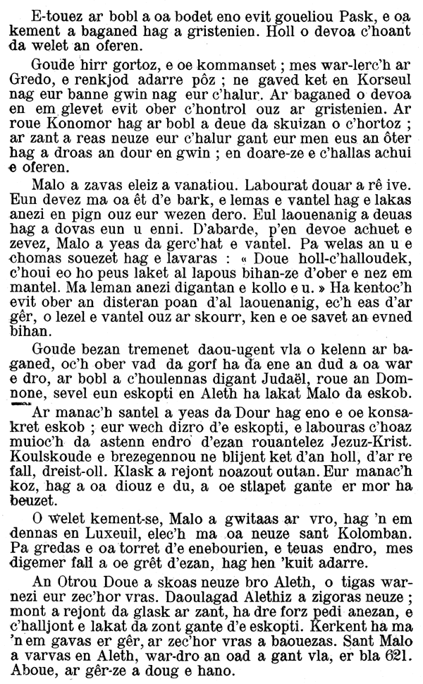 Buhe Sant Malo, kentan eskob Aleth-Sant Malo. Vie de saint Malo, premier évêque d’Aleth, devenu ensuite diocèse de saint Malo,partagé aujourd’hui entre saint Brieuc , Rennes et Vannes.