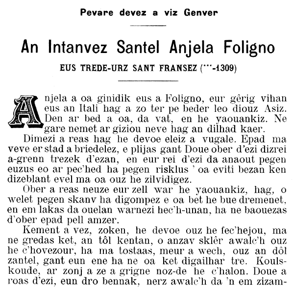 Vie de Sainte Angele de Foligno en breton, buhez an itanvez santel Anjela Foligno, …. 1309, Itali .